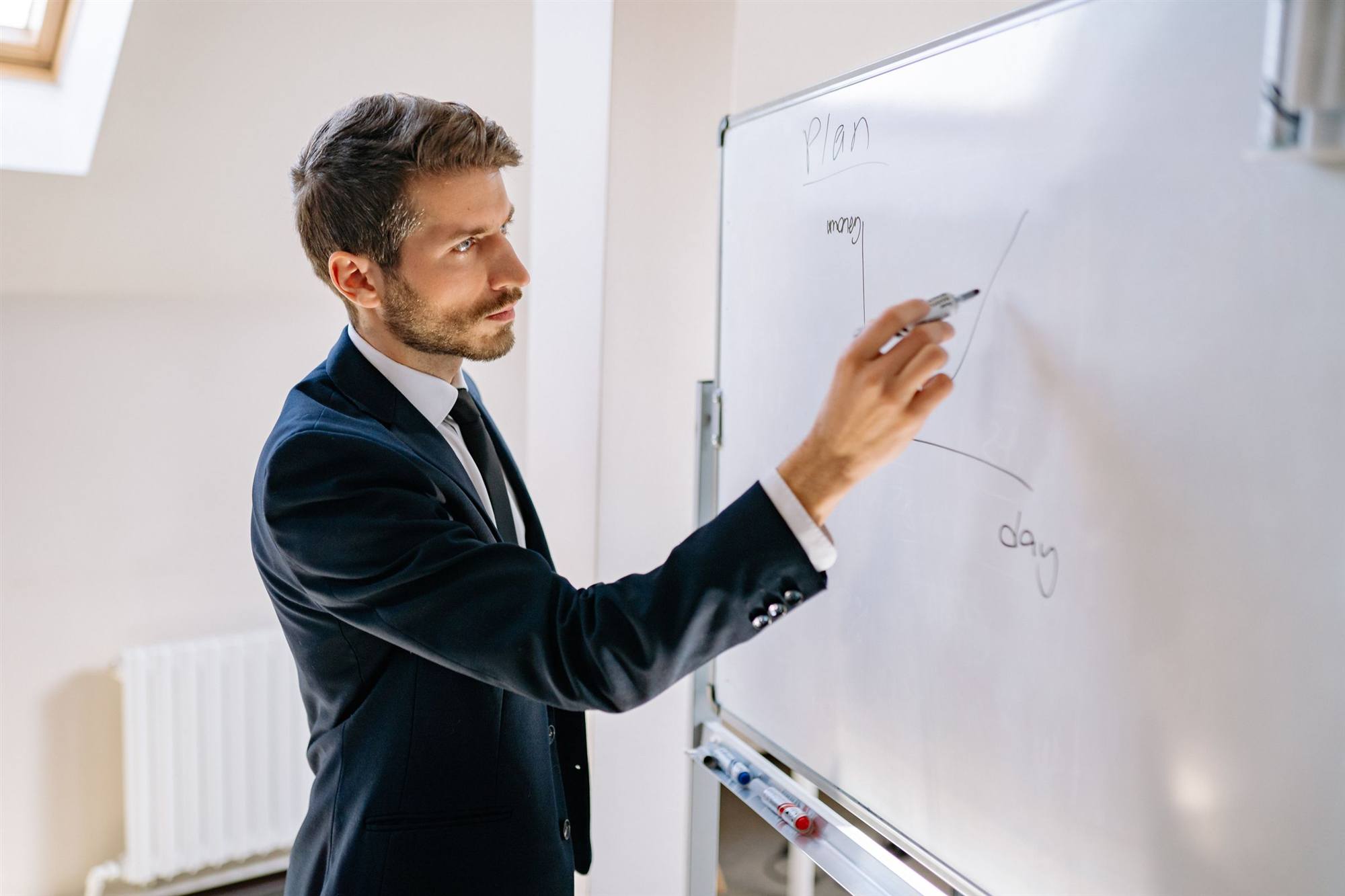Business executive presenting a technology growth plan on a whiteboard