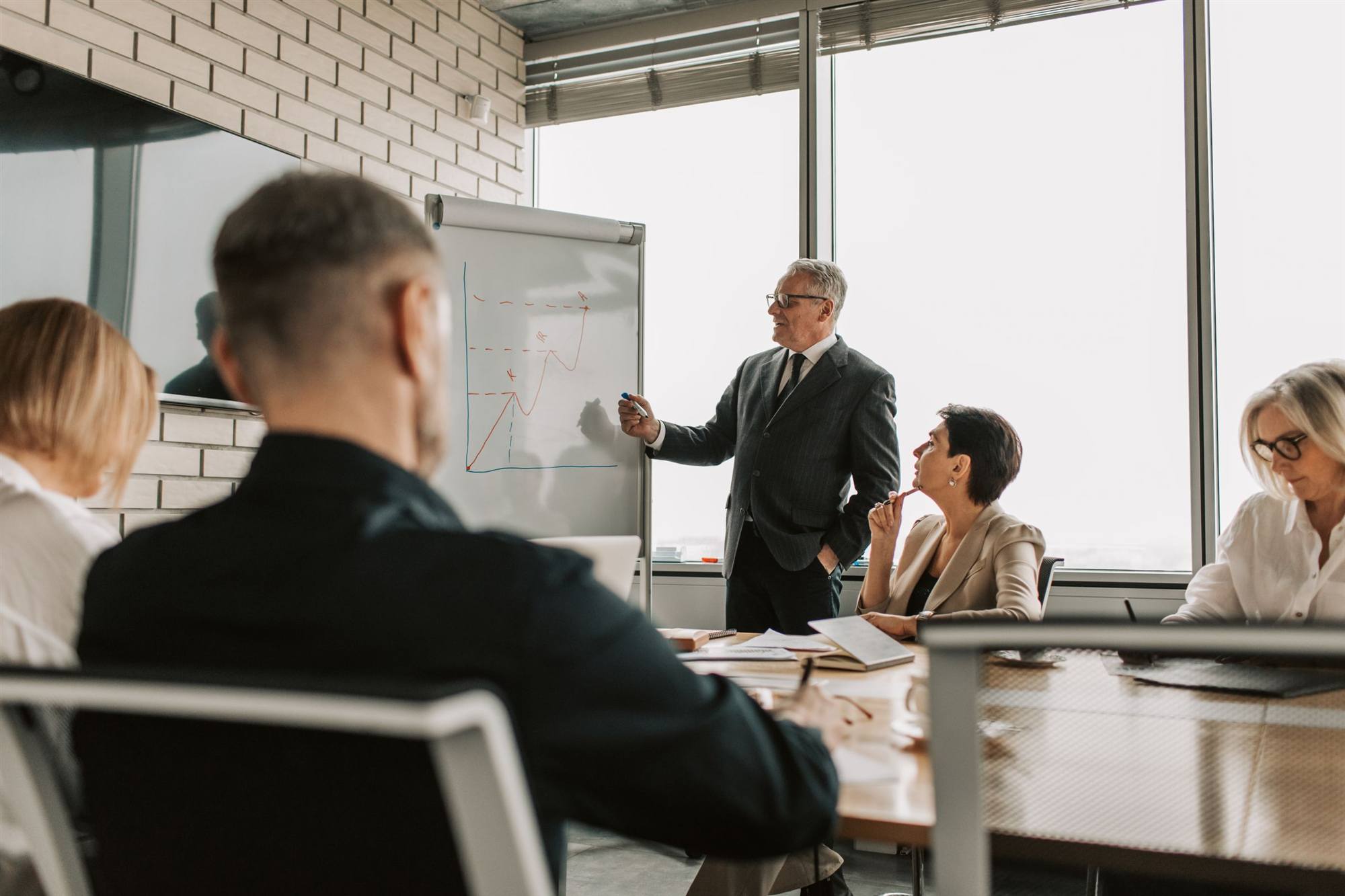 IT consultant presenting a growth chart to business leaders in a meeting