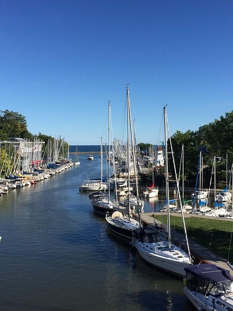 Sailboats moored in Oakville Harbour marina, Ontario
